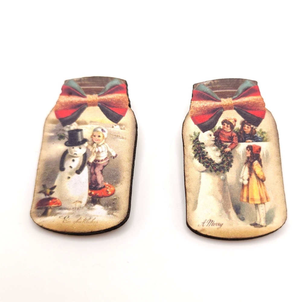 Vintage Style Christmas Wooden Brooch Set Snowman Mason Jar Pins